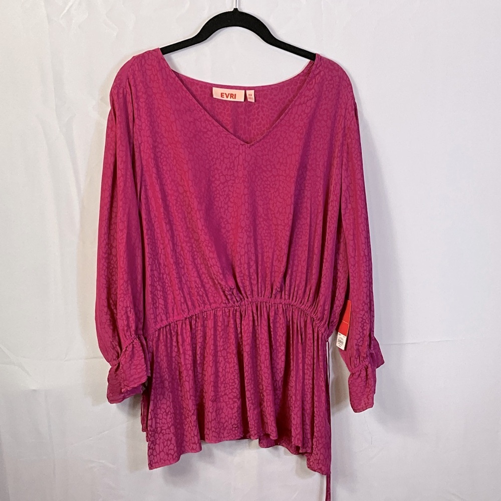 EVRI Fuchsia Long Sleeve V-neck Pink Mini Dress Gathered Waist Animal Print